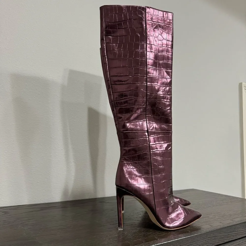 BLACK SUEDE STUDIO Tall Stiletto‎ Boot Croc Embossed Point Toe Oxblood Metallic